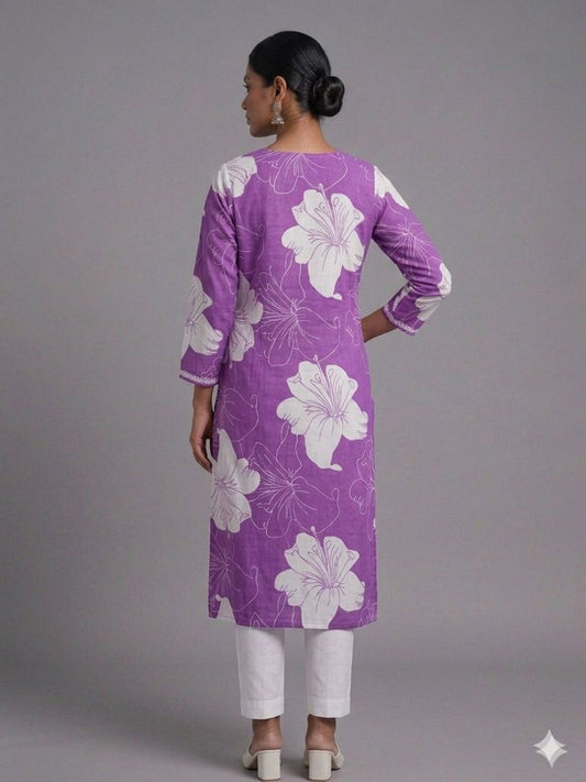 Women’s Purple Cotton Embroidered Kurti