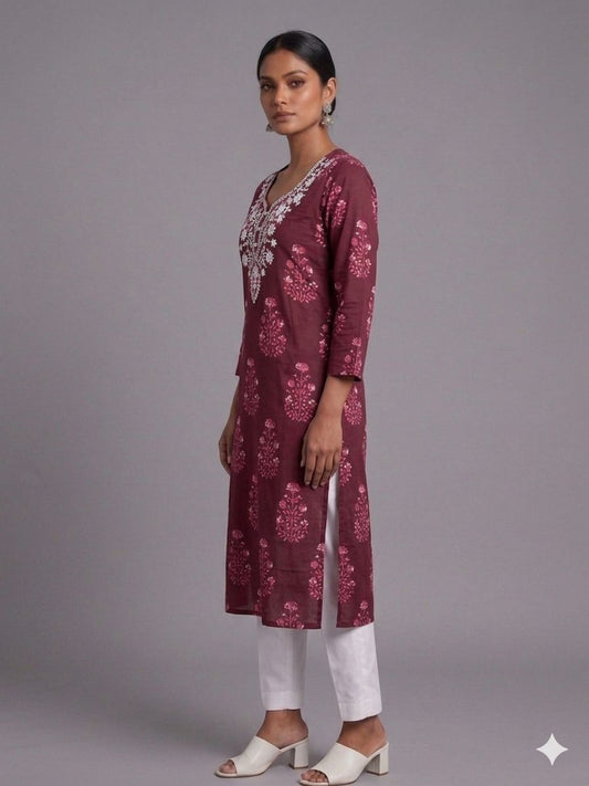 Women’s Maroon Cotton Embroidered Kurti