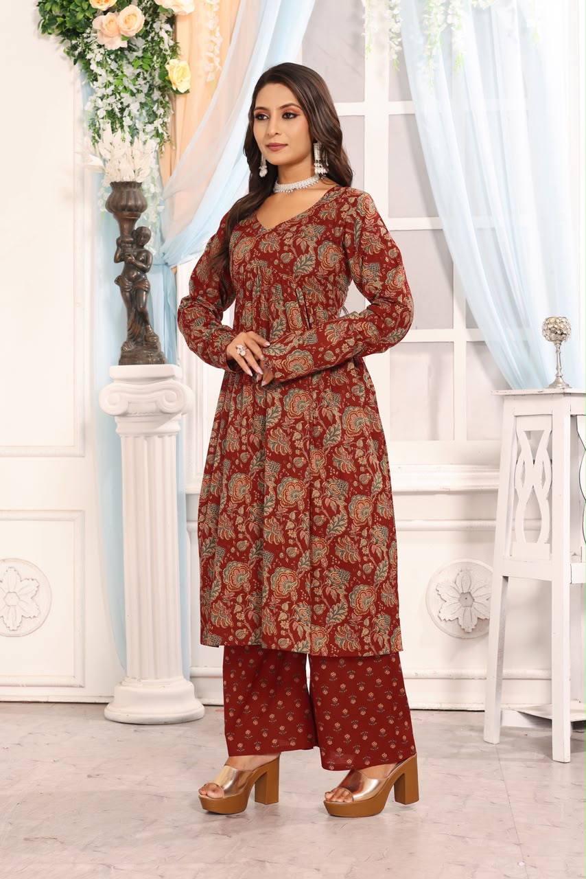 Women’s Maroon Floral Printed Cotton Kurta Pant Dupatta Set