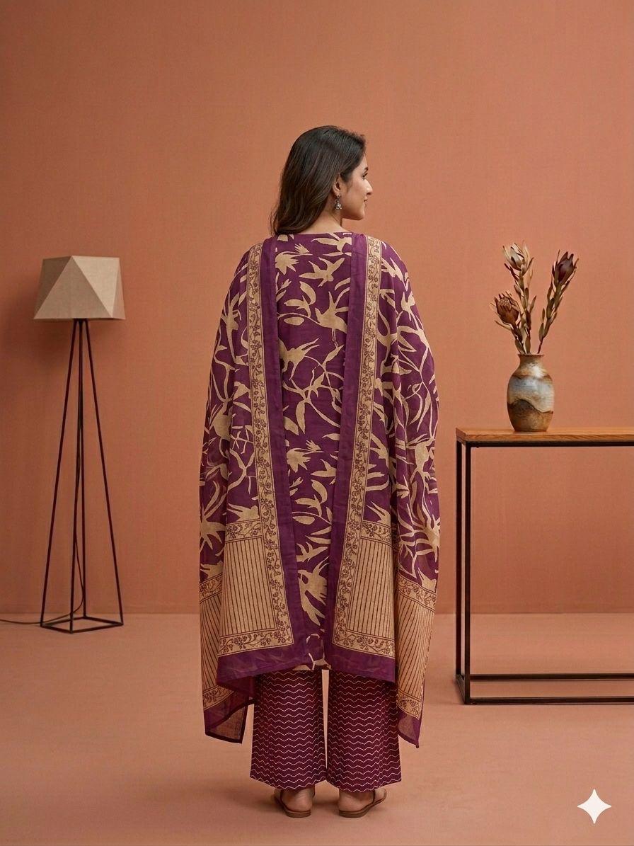 Women’s Printed Cotton Kurta Palazzo Dupatta Set