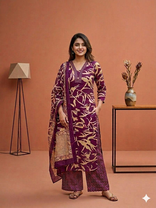 Women’s Printed Cotton Kurta Palazzo Dupatta Set