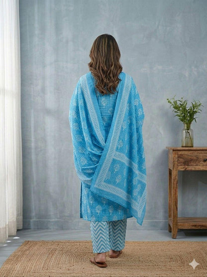Women’s Cotton Printed Kurta Palazzo Dupatta Set
