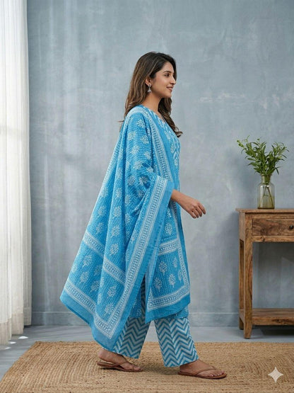 Women’s Cotton Printed Kurta Palazzo Dupatta Set