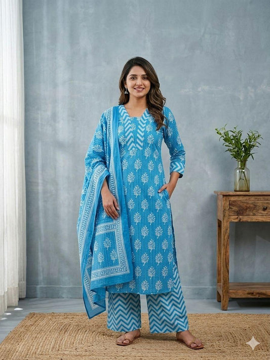 Women’s Cotton Printed Kurta Palazzo Dupatta Set