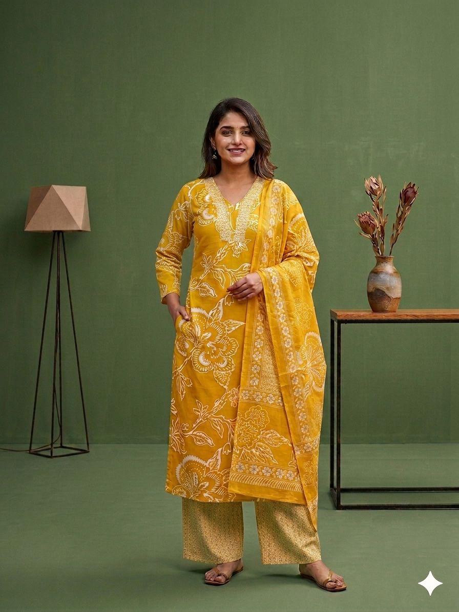 Women’s Mustard Yellow Cotton Printed Kurta Palazzo Dupatta Set