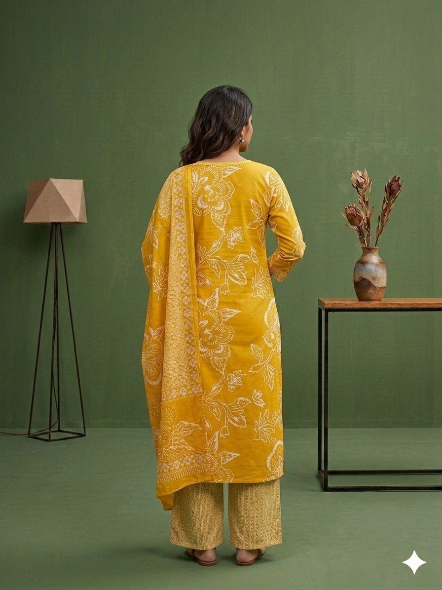 Women’s Mustard Yellow Cotton Printed Kurta Palazzo Dupatta Set