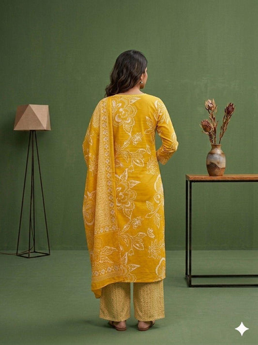 Women’s Mustard Yellow Cotton Printed Kurta Palazzo Dupatta Set