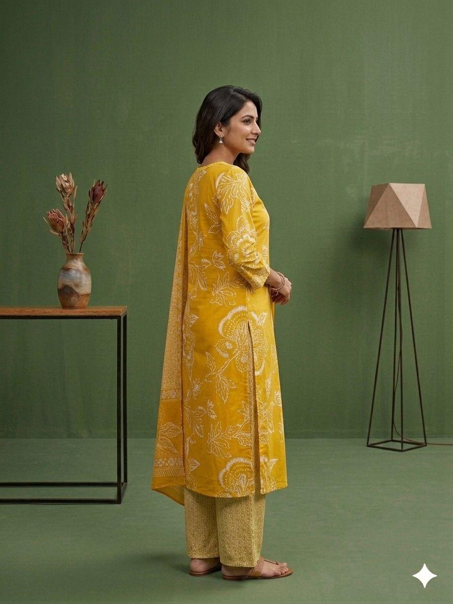 Women’s Mustard Yellow Cotton Printed Kurta Palazzo Dupatta Set