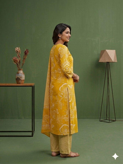 Women’s Mustard Yellow Cotton Printed Kurta Palazzo Dupatta Set