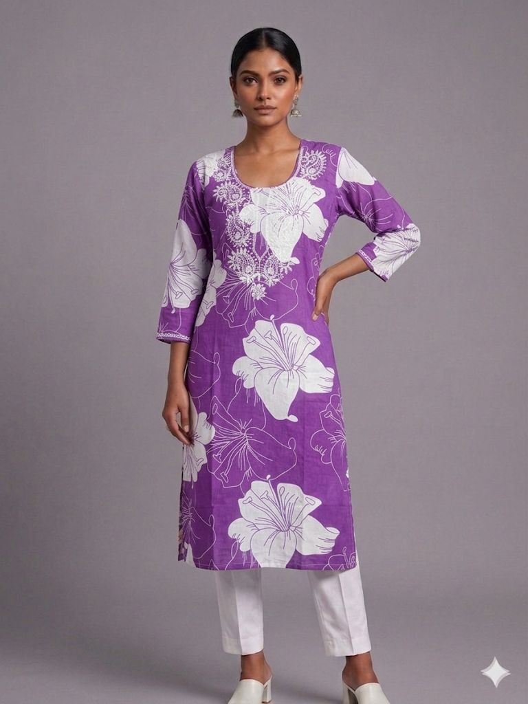 Women’s Purple Cotton Embroidered Kurti