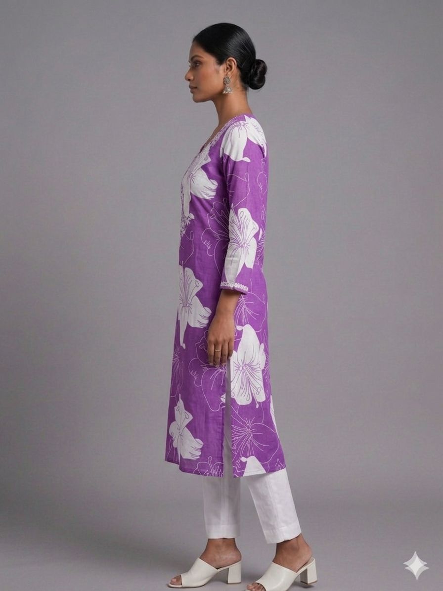 Women’s Purple Cotton Embroidered Kurti
