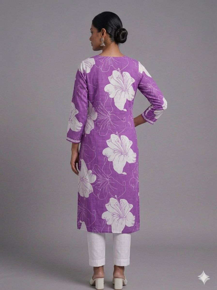 Women’s Purple Cotton Embroidered Kurti