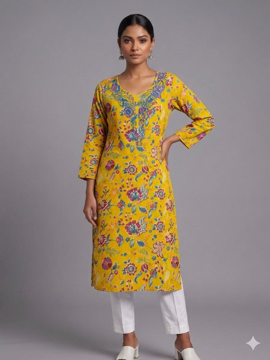 Women’s Yellow Cotton Floral Printed Embroidered Kurti
