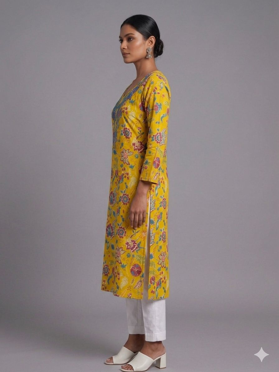 Women’s Yellow Cotton Floral Printed Embroidered Kurti