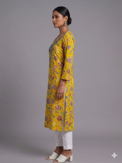 Women’s Yellow Cotton Floral Printed Embroidered Kurti