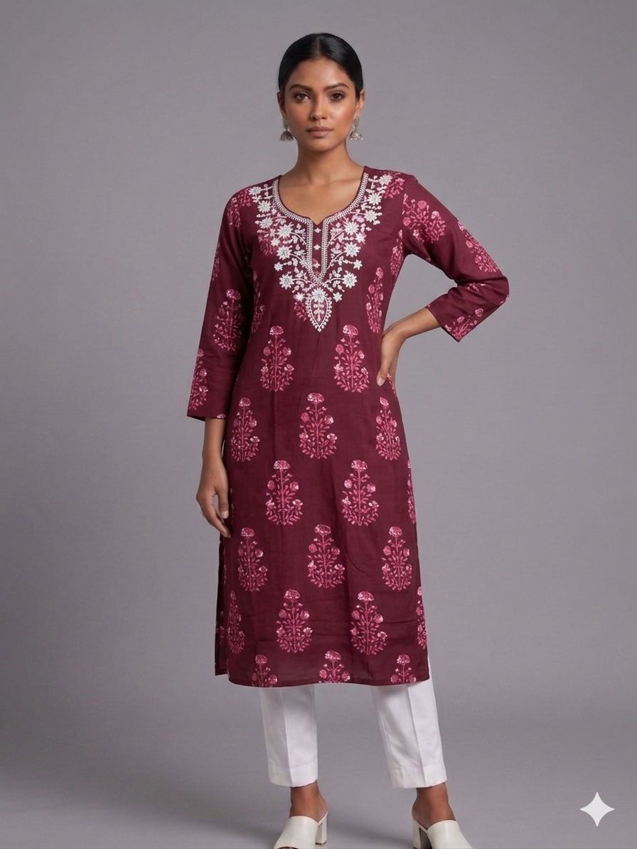 Women’s Maroon Cotton Embroidered Kurti