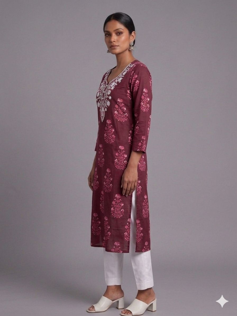 Women’s Maroon Cotton Embroidered Kurti