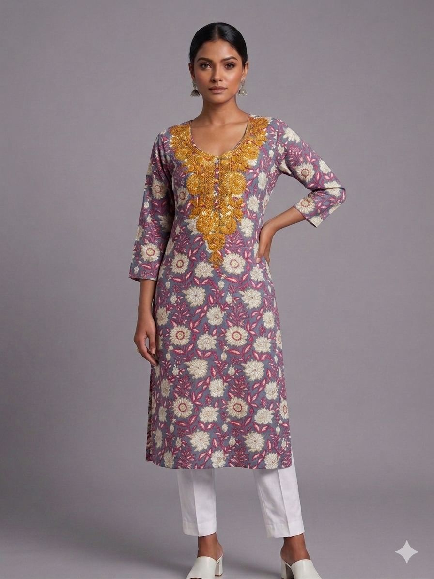 Women’s Mauve Floral Cotton Embroidered Kurti
