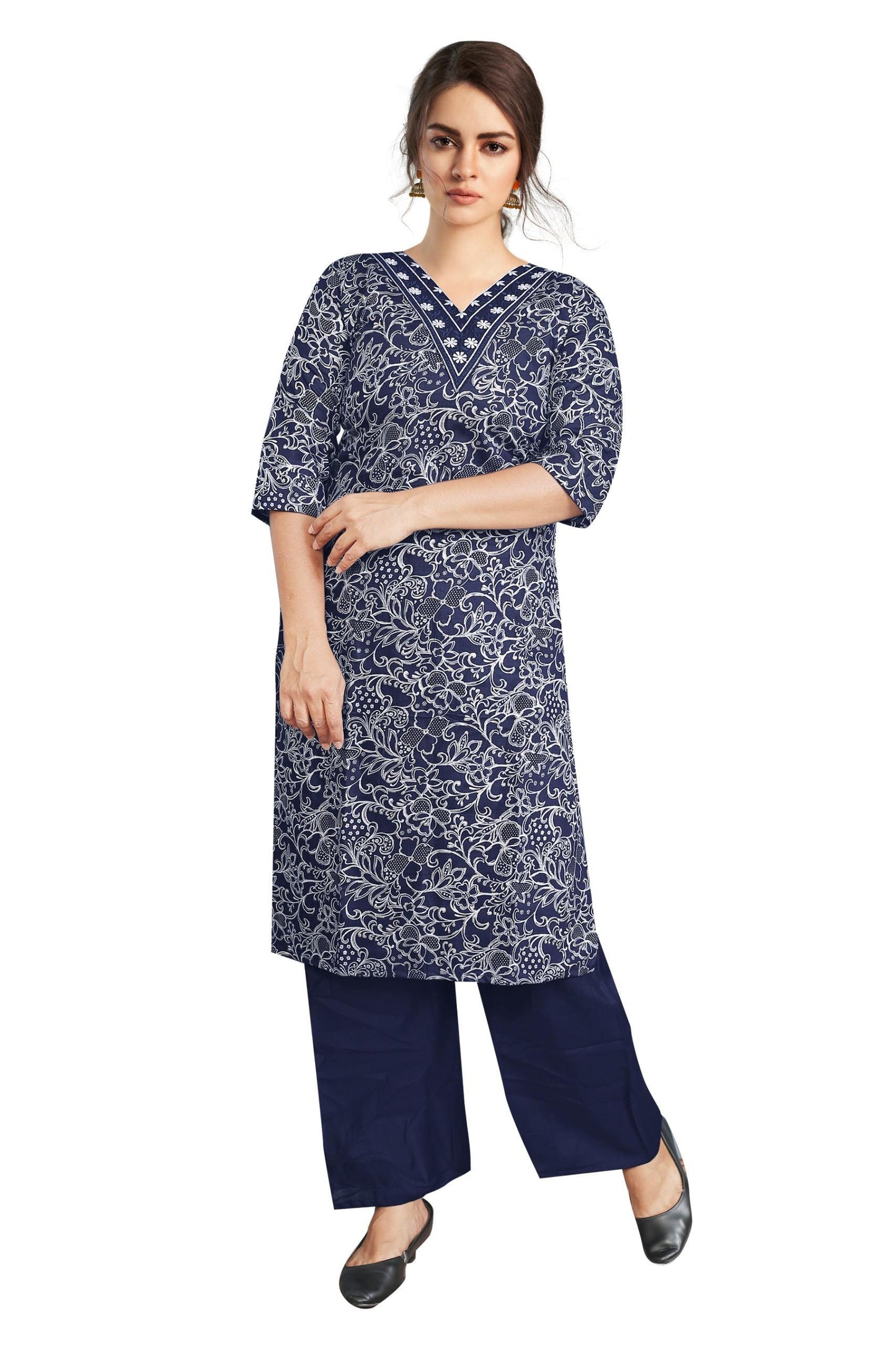 Women’s Navy Blue Rayon Embroidered Co-Ord Set