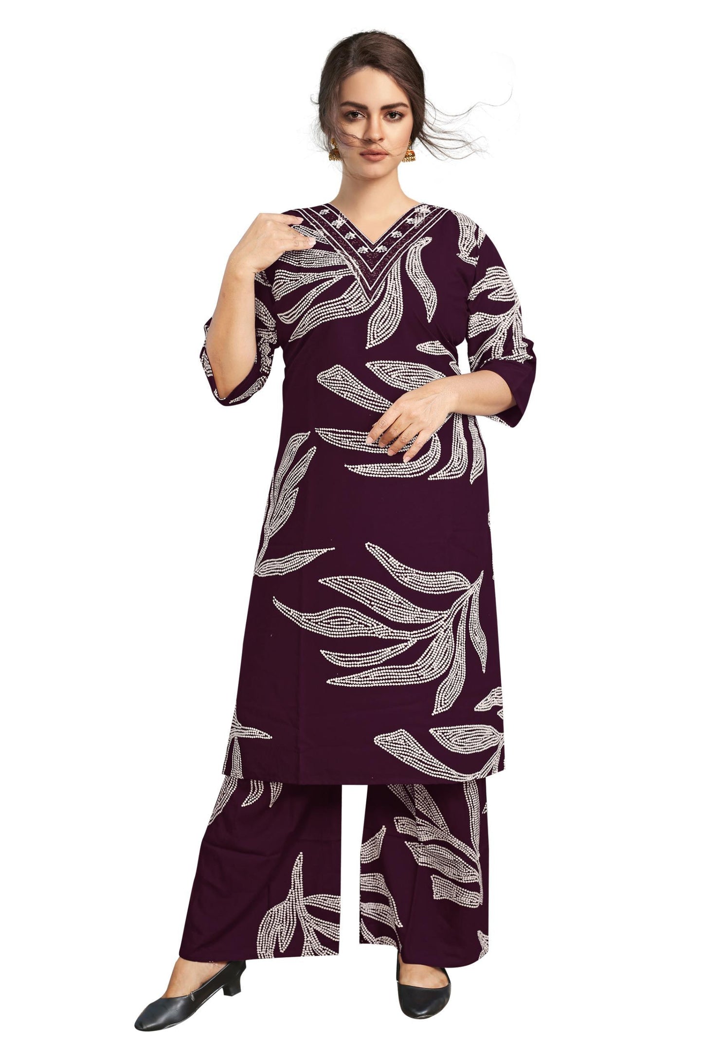 Women’s Wine Rayon Embroidered Co-Ord Set