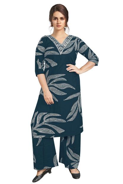 Women’s Navy Blue Rayon Embroidered Co-Ord Set