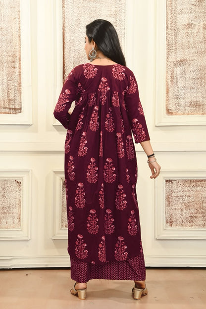 Women’s Wine Cotton Printed Dupatta Set