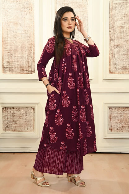 Women’s Wine Cotton Printed Dupatta Set