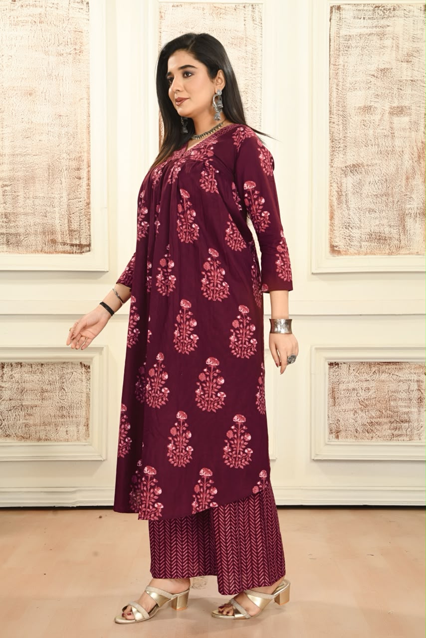 Women’s Wine Cotton Printed Dupatta Set