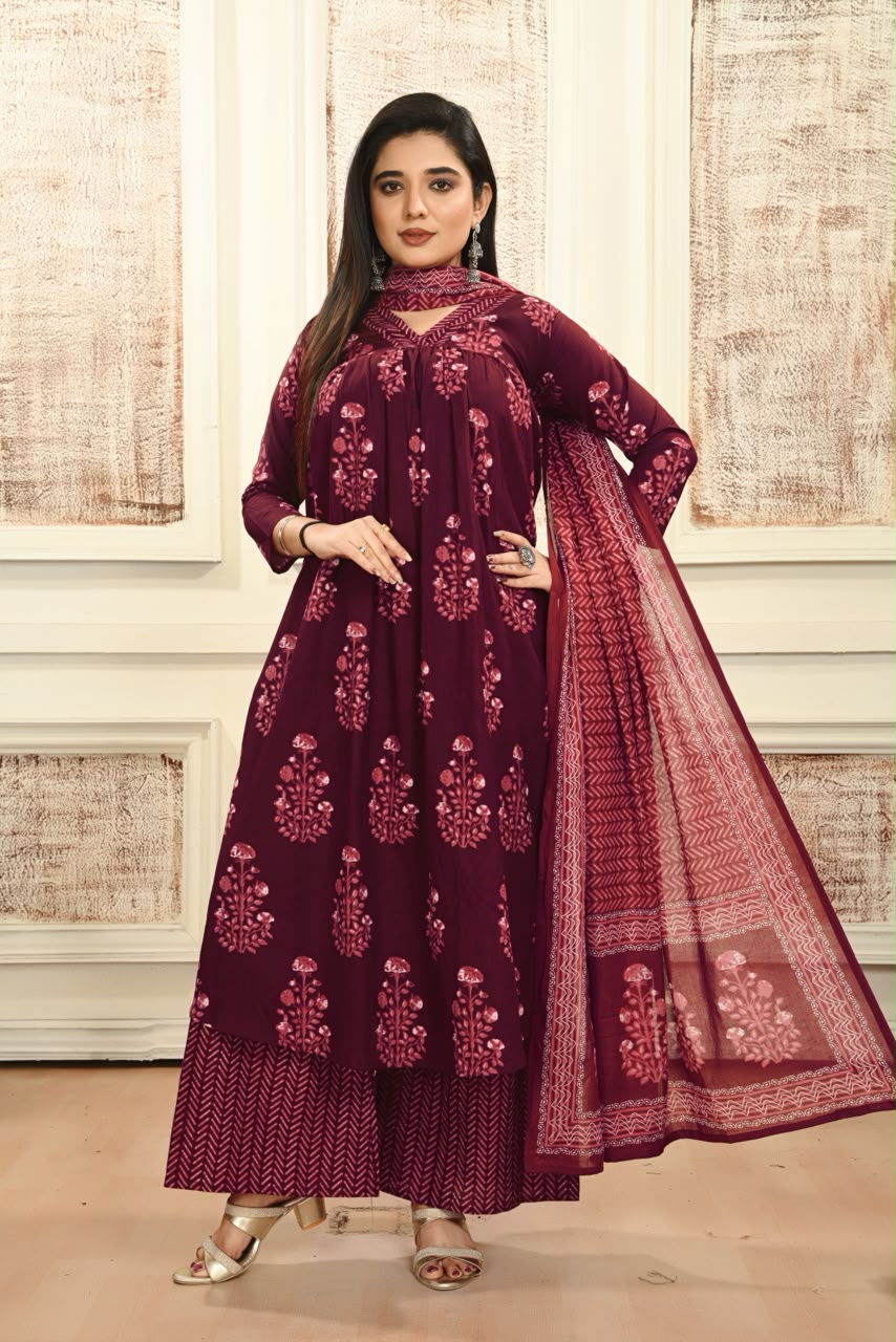 Women’s Wine Cotton Printed Dupatta Set