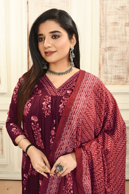 Women’s Wine Cotton Printed Dupatta Set