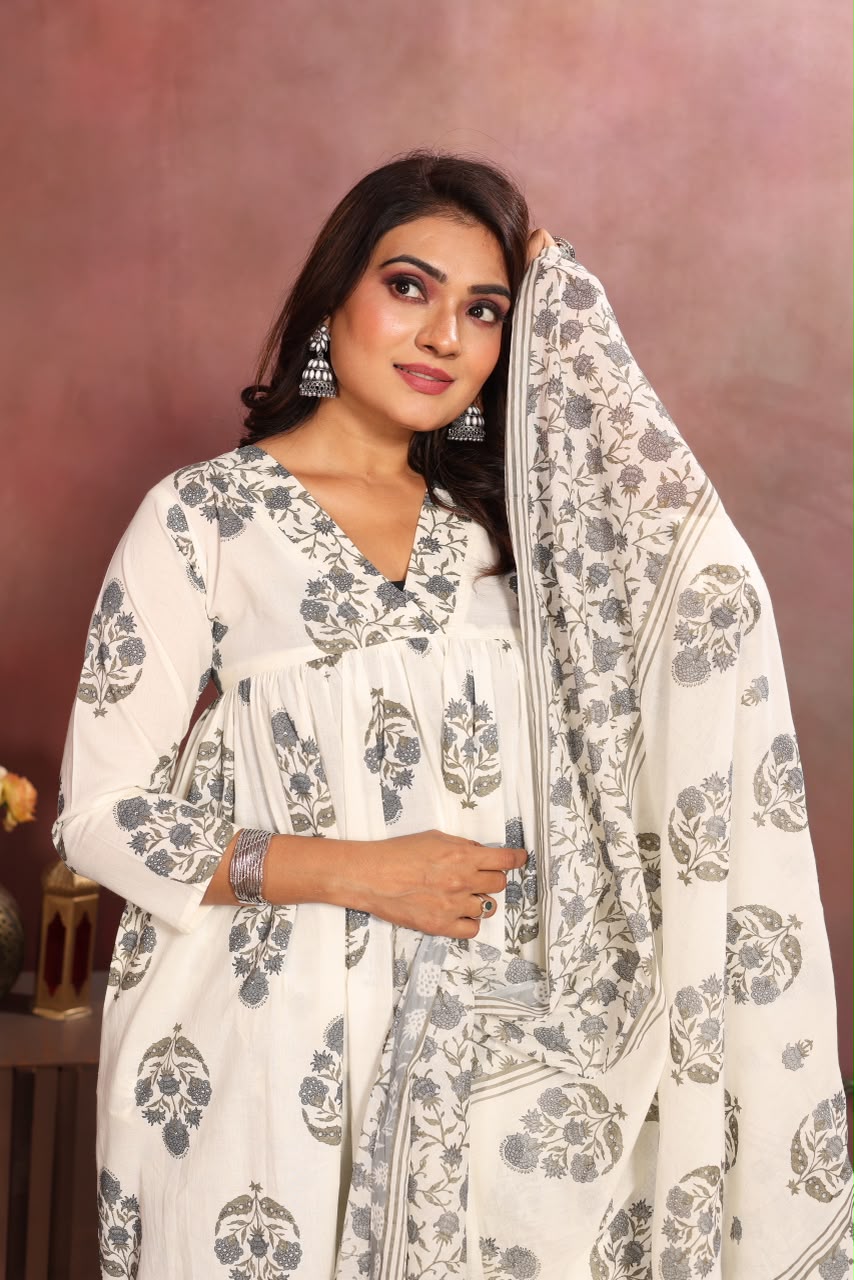 Women’s White & Grey Cotton Printed Dupatta Set