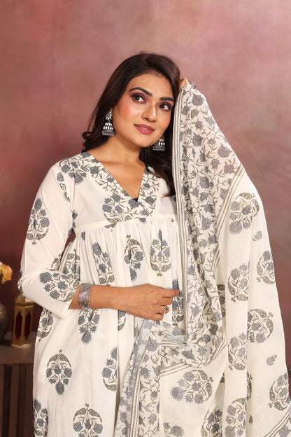 Women’s White & Grey Cotton Printed Dupatta Set