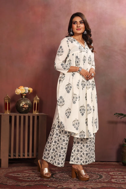 Women’s White & Grey Cotton Printed Dupatta Set