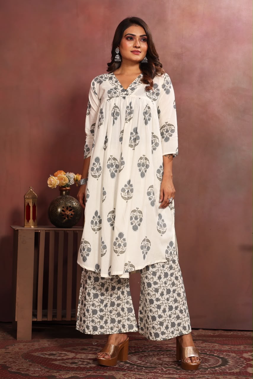 Women’s White & Grey Cotton Printed Dupatta Set