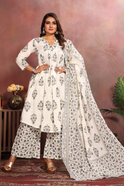 Women’s White & Grey Cotton Printed Dupatta Set