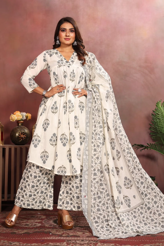 Women’s White & Grey Cotton Printed Dupatta Set