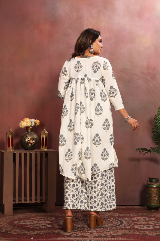 Women’s White & Grey Cotton Printed Dupatta Set