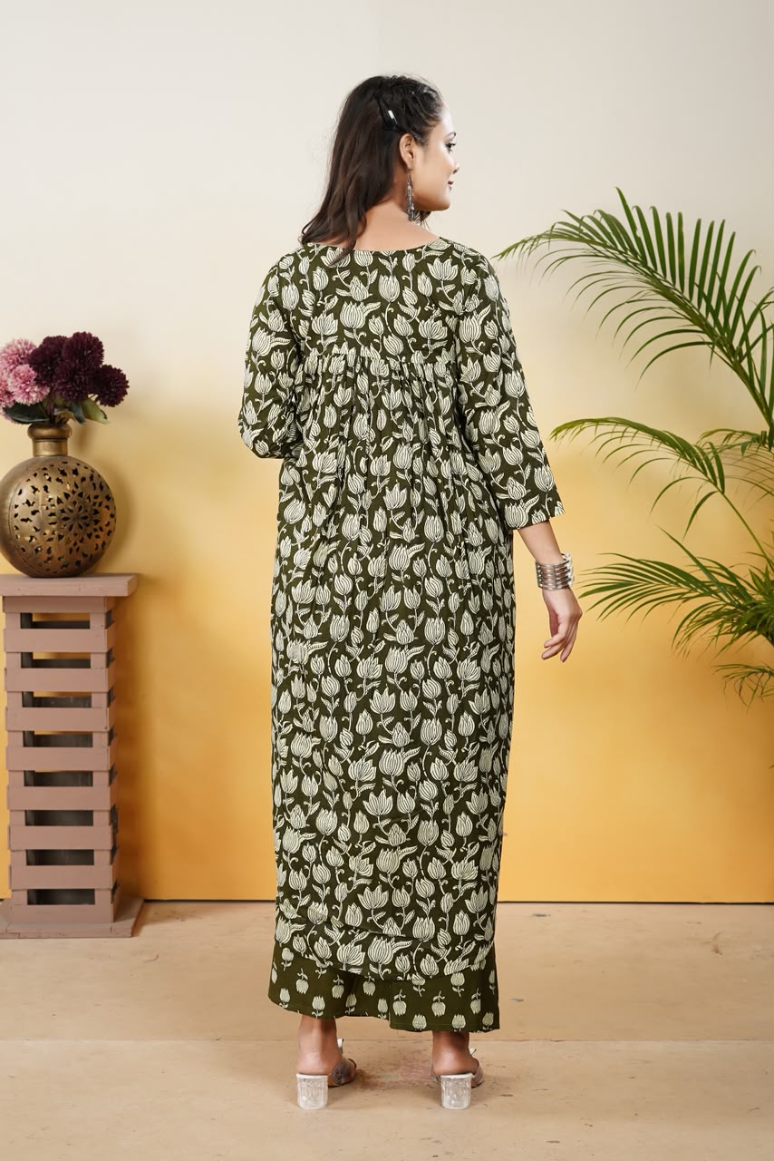 Women’s Olive Green Cotton Printed Dupatta Set