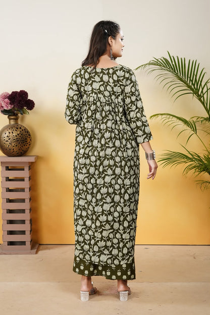 Women’s Olive Green Cotton Printed Dupatta Set