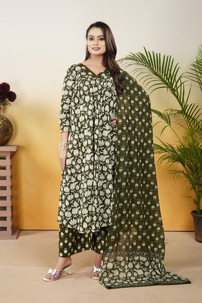 Women’s Olive Green Cotton Printed Dupatta Set