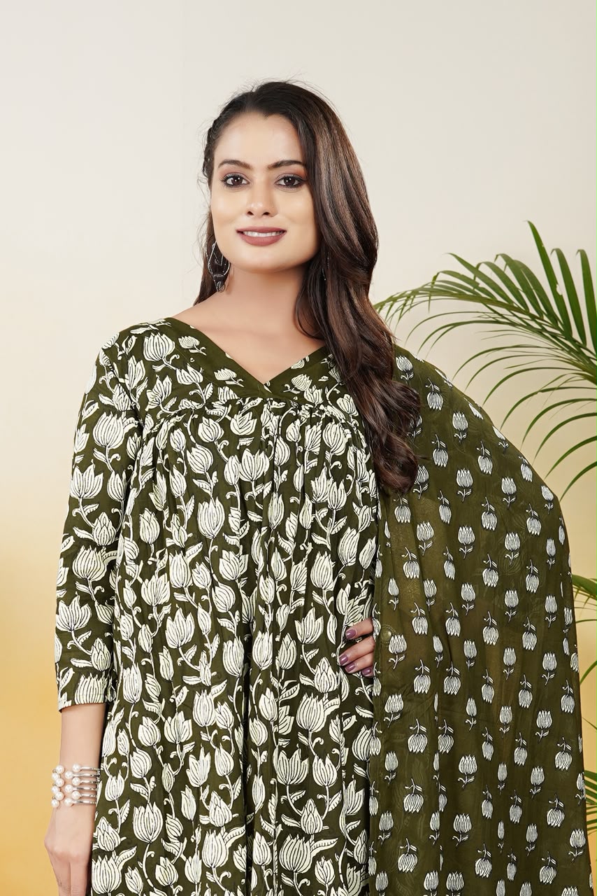 Women’s Olive Green Cotton Printed Dupatta Set