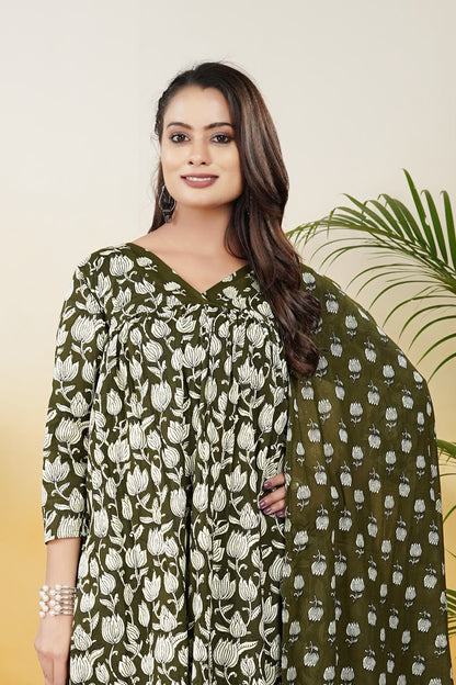 Women’s Olive Green Cotton Printed Dupatta Set