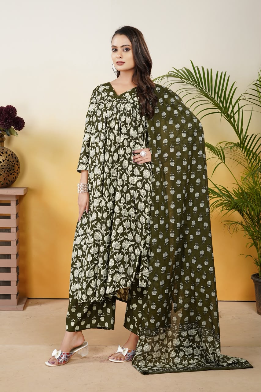 Women’s Olive Green Cotton Printed Dupatta Set