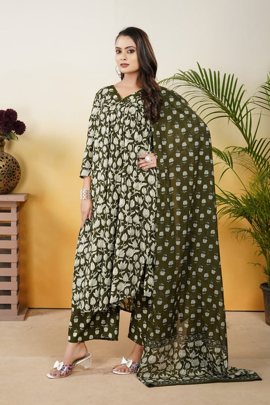 Women’s Olive Green Cotton Printed Dupatta Set