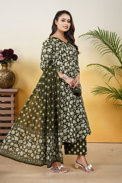 Women’s Olive Green Cotton Printed Dupatta Set