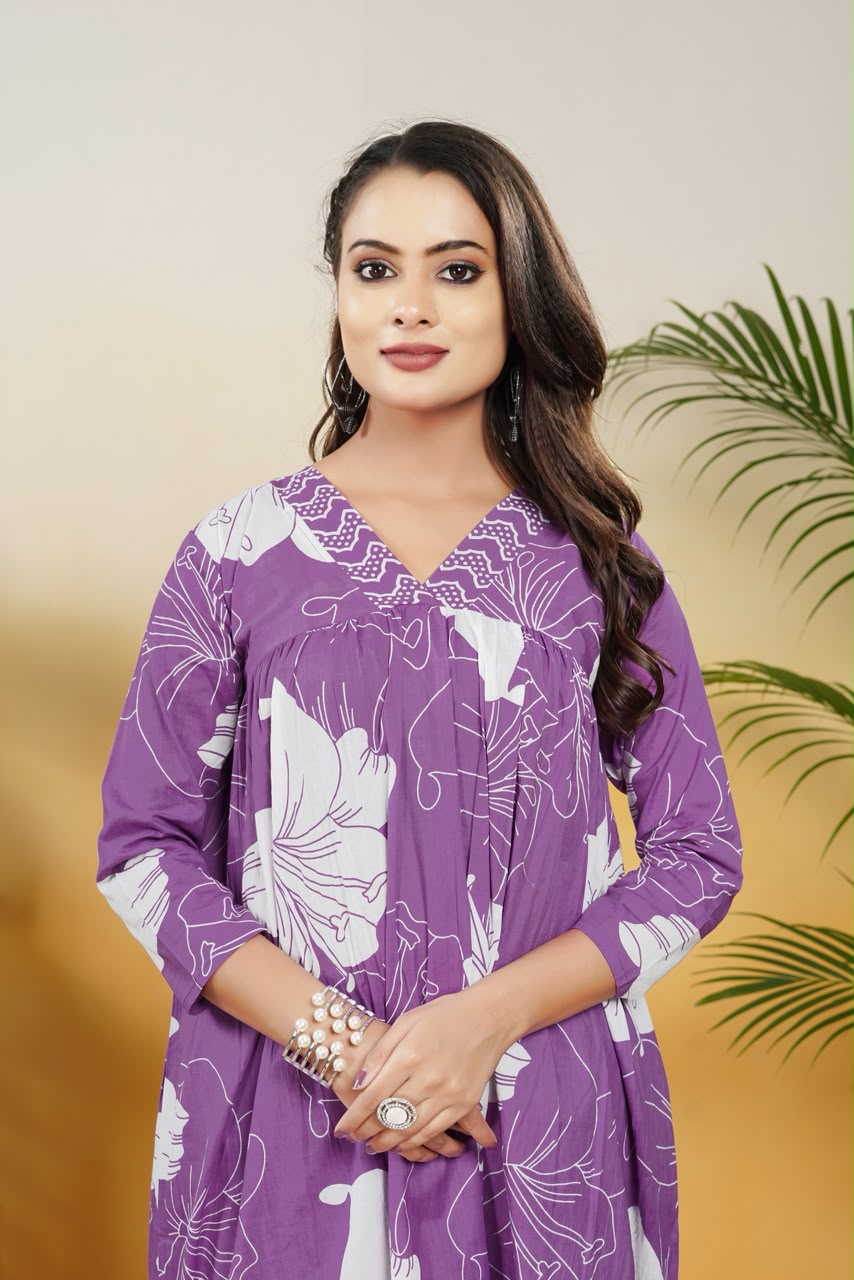 Women’s Purple Cotton Printed Dupatta Set