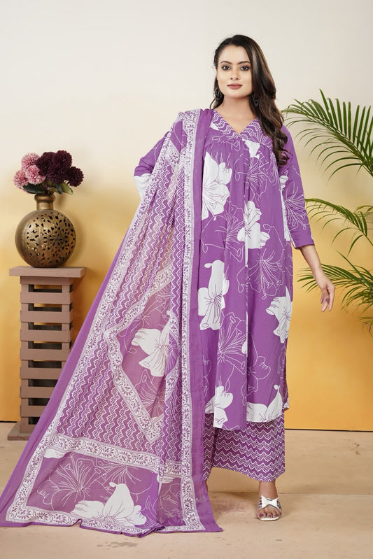 Women’s Purple Cotton Printed Dupatta Set