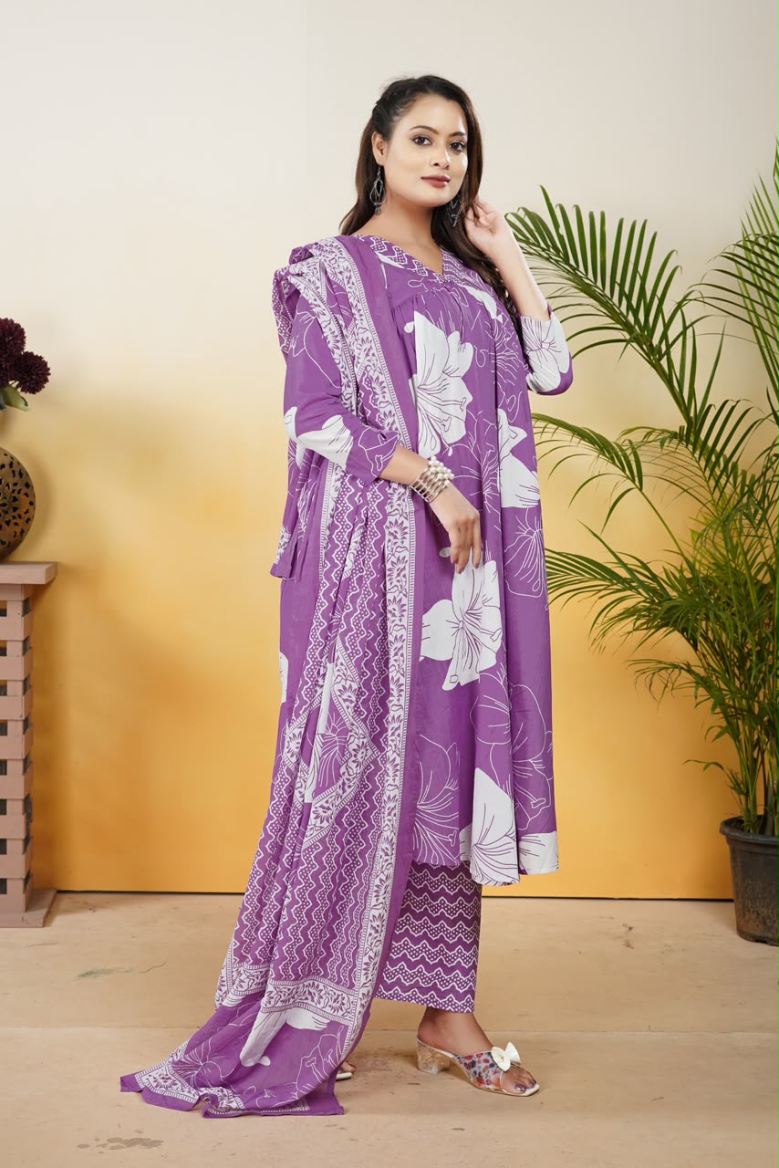 Women’s Purple Cotton Printed Dupatta Set