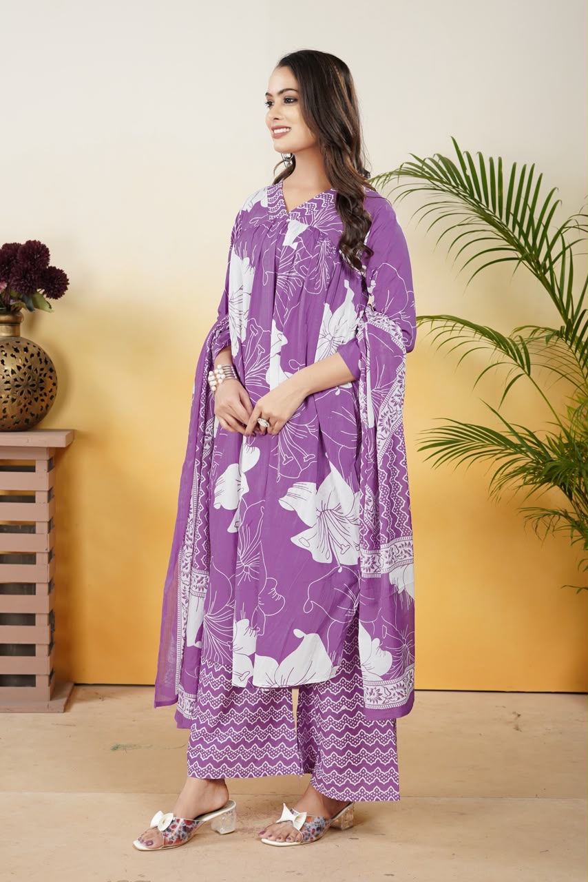 Women’s Purple Cotton Printed Dupatta Set