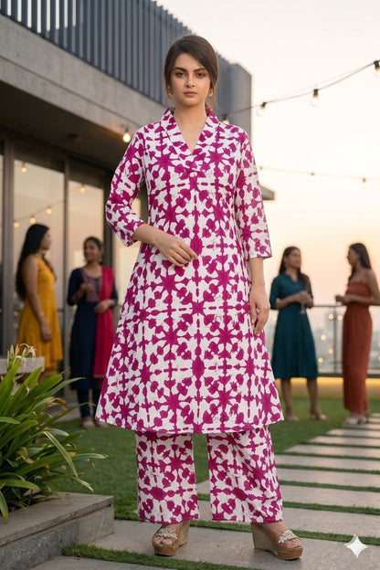 Women’s Magenta & White Cotton Printed Coord Set